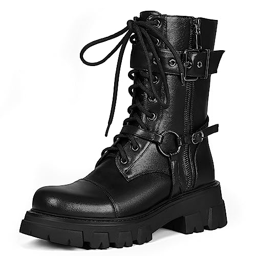 Voviggiw Motorradstiefel für Damen, Plateau-Stiefel, Schnürung, Schnalle, Leder, Kampfstiefel, seitlicher Reißverschluss, Schwarz (Black Pu), 41 EU von Voviggiw