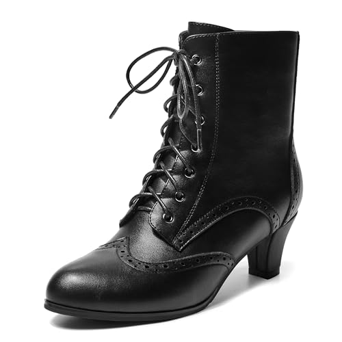 Voviggiw Viktorianische Vintage-Stiefel für Damen, mit seitlichen Reißverschlüssen, Wintip Schnürung, Stiefeletten, Cosplay, Schwarz, 41 EU von Voviggiw