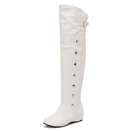 Voviggiw White Schnalle Oberschenkel Stiefel for Damen Runde Zehen Über dem Knie Stiefel Hide Keilabsatz Schlupf Tall Stiefel Große 38 von Voviggiw