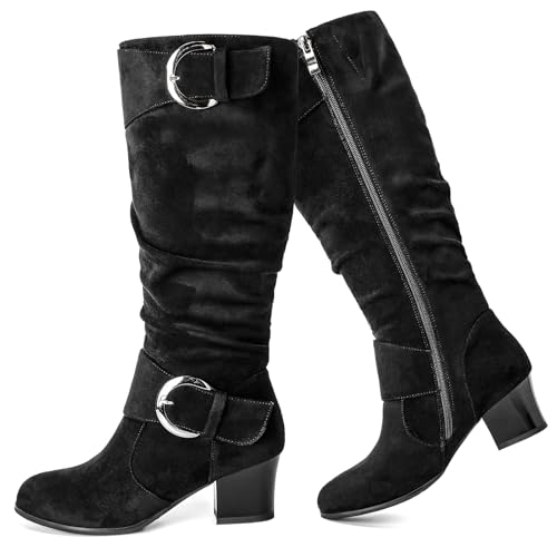 Voviggiw Wide Calf Riding Boots Women Knee High Slouch Round Toe Buckle Victorian Tall Boots Chunky Block Mid Heel Knee-High Boots Side Zipper SuedeBlack Size 45 von Voviggiw