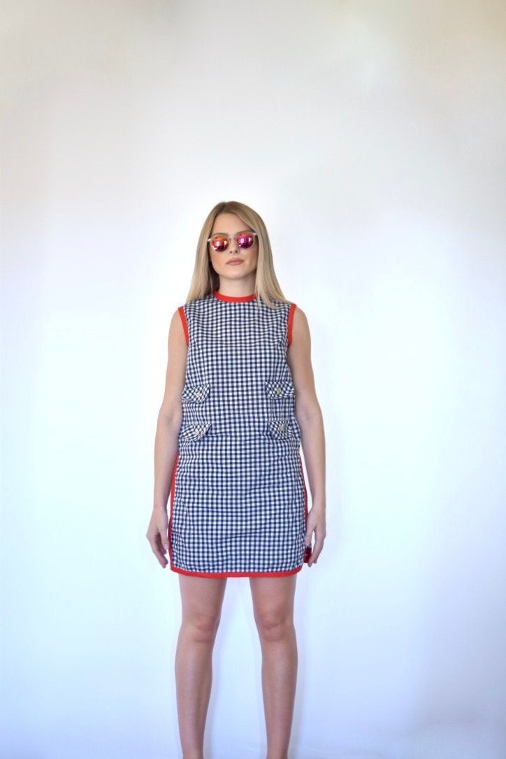 60Er Rot Weiß Blau Karierte Tunika Kleid Shorts Set Xs S M von VoyageurVintage