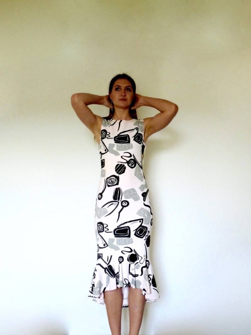 80Er Pink Retro Novelty Print Deadstock Meerjungfrau Midi Kleid Xs S von VoyageurVintage