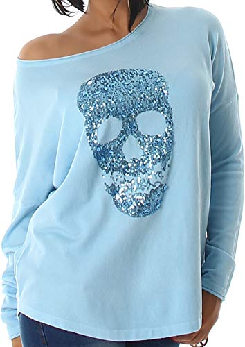 Voyelles Jela London Damen Totenkopf Pullover Glitzer Sweatshirt Skull Sweater Longsleeve Stretch Pulli Oversize Feinstrick, 34 36 38 Türkis Hellblau von Voyelles