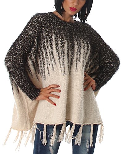 Voyelles Damen Poncho Ponchopullover Fransen kuschelig weich warm flauschig Ärmel Hairy Glitzer-Fäden Feinstrick Glanz Fledermaus-Ärmel, Beige Schwarz 36 38 40 von Voyelles