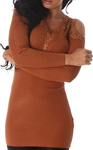 Voyelles Damen Pullover Strickkleid Longpulli Häkel Spitze Cut Out Kalte Schulter V-Ausschnitt gerippt, Hellbraun 34 36 38 von Voyelles