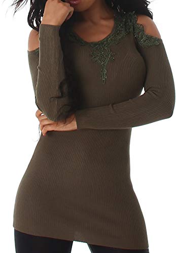 Voyelles Damen Strickkleid Longpulli Häkel Spitze Cut Out Kalte Schulter V-Ausschnitt gerippt, Olivgrün 34 36 38 von Voyelles