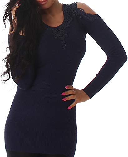 Voyelles Damen Pullover lang Strick Kleid Longpulli Pulloverkleid Häkel Spitze Cut Out V-Ausschnitt Feinripp, Navy 34-38 von Voyelles