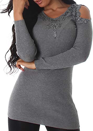 Voyelles Damen Pullover Strickkleid Longpulli Häkel Spitze Cut Out Kalte Schulter V-Ausschnitt gerippt, Grau 34 36 38 von Voyelles