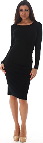 Voyelles Damen Midi Strick Kleid Pulloverkleid Knielang Etui Stretch Langarm, Schwarz 36-38 von Voyelles