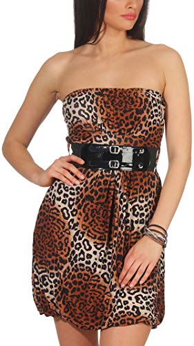 Voyelles Damen Bandeau Mini Kleid Leopard Stretch Cocktail Gürtel Raffung, Braun 36-38 von Voyelles