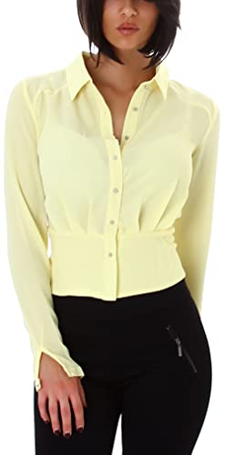 Voyelles Damen Bauchfreie Langarm Bluse Chiffon transparent, Gelb 36 (Etikett 38) von Voyelles