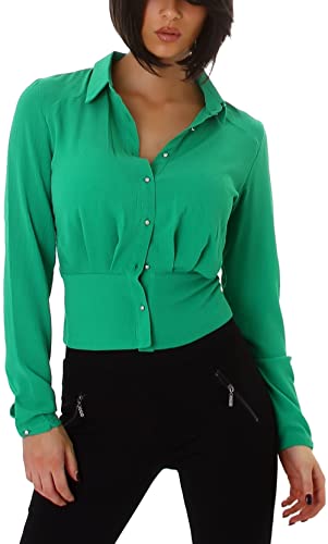 Voyelles Damen Bauchfreie Langarm Bluse Chiffon transparent, Grün 36 (Etikett 38) von Voyelles