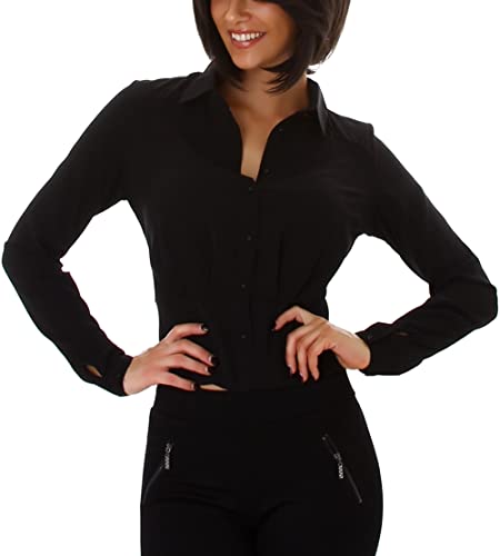 Voyelles Damen Bauchfreie Langarm Bluse Chiffon transparent, Schwarz 40 (Etikett 42) von Voyelles