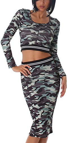 Voyelles Damen Camouflage Flecktarn Militär-Optik Zweiteiler Set bauchfrei Bolero-Top Langarm & Rock High-Waist Hoher Bund Stretch, 38/40 von Voyelles