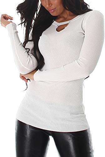 Voyelles Damen Eleganter Pullover Goldkettchen V-Ausschnitt dünn Feinripp Stretch Slim, Einheitsgröße 34-38 Weiß von Voyelles