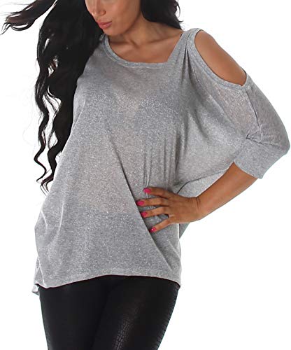 Voyelles Damen Sweat Shirt Pullover Glitzer Cut Out Fledermaus Vokuhila, Silber von Voyelles