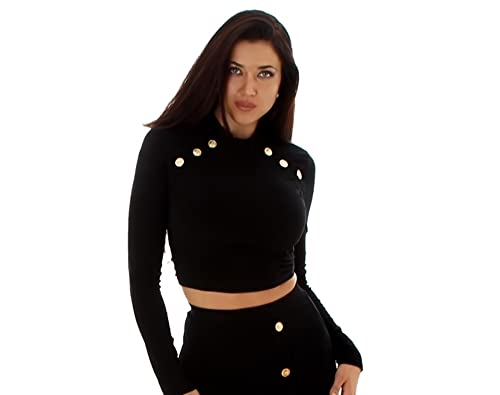 Voyelles Damen Langarm-Shirt Sommer-Top Cropped bauchfrei Feinripp Streifen Stretch Deko-Knopfleiste, Schwarz 36 (38) von Voyelles