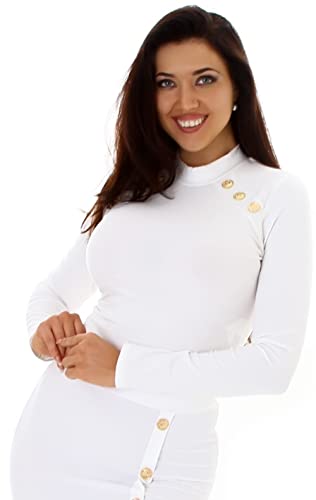 Voyelles Damen Langarm-Shirt Sommer-Top Cropped bauchfrei Feinripp Streifen Stretch Deko-Knopfleiste, Weiß 38 (40) von Voyelles