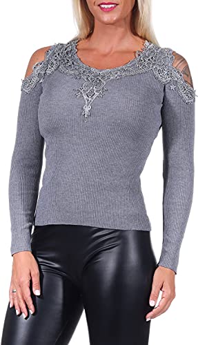 Voyelles Damen Langarmshirt Pullover Cut-Out Häkel-Spitze Feinripp Bodycon Stretch, Kurz Steingrau, 34-38 von Voyelles