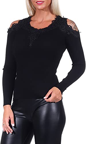 Voyelles Damen Langarmshirt Pullover Cut-Out Häkel-Spitze Feinripp Bodycon Stretch, Schwarz, 34-38 von Voyelles