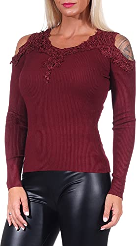 Voyelles Damen Langarmshirt Pullover Cut-Out Häkel-Spitze Feinripp Bodycon Stretch, Weinrot, 34-38 von Voyelles