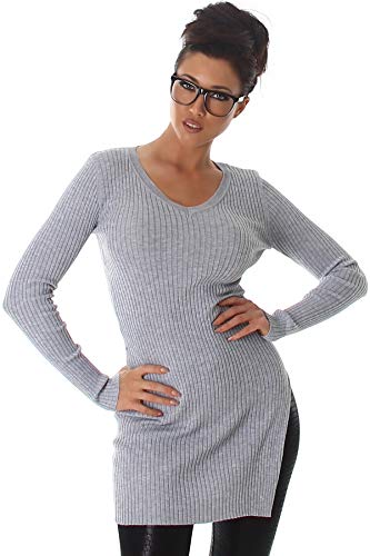 Voyelles Damen Longpulli Stretch Langarm einfarbig Feinripp Bein-Schlitz Hüftschlitz, Grau 34-38 Einheitsgröße von Voyelles