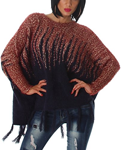 Voyelles Damen Poncho Ponchopullover Fransen Hairy Glitzer Feinstrick Glanz Fledermausärmel, Navy Blau Rot 36 38 40 von Voyelles