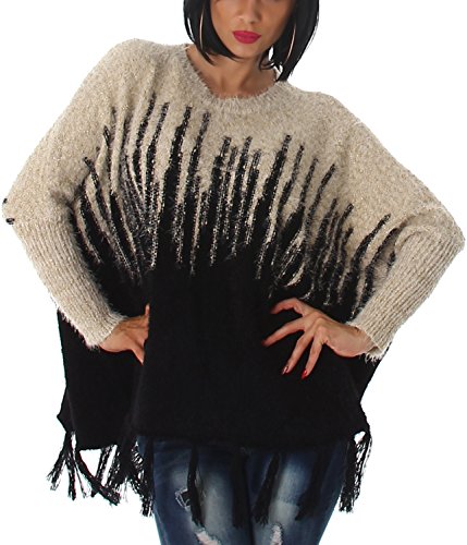Voyelles Damen Poncho Ponchopullover Fransen Hairy Glitzer Feinstrick Glanz Fledermausärmel, Schwarz Beige 36 38 40 von Voyelles