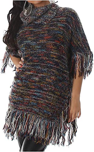 Voyelles Damen Poncho Ponchopullover Umhang Cape Fransen Hairy warm weich kuschelig Rollkragen Deko-Knöpfe, Dunkelblau - Rot - Gelb - Hellblau 36 38 40 42 von Voyelles