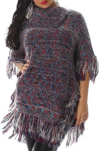 Voyelles Damen Poncho Ponchopullover Umhang Cape Fransen Hairy warm weich kuschelig Rollkragen Deko-Knöpfe, Dunkelblau - Rot - Hell-Blau 36 38 40 42 von Voyelles