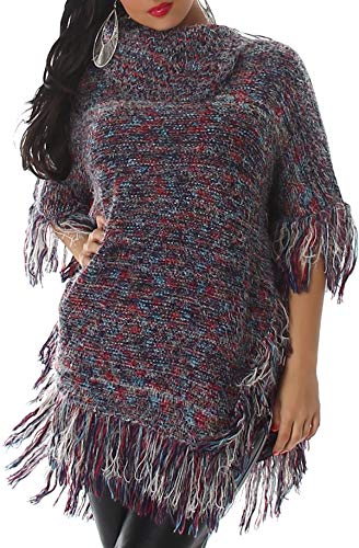 Voyelles Damen Poncho Ponchopullover Umhang Cape Fransen Hairy Rollkragen Deko-Knöpfe, Dunkelblau - Rot - Hell-Blau 36 38 40 42 von Voyelles
