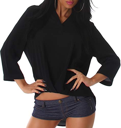 Voyelles Damen Schwarze Bluse Vokuhila Chiffon Vorne kurz hinten lang Hemdbluse Tunika Raffung Oversize Loose Fit, 38 (Etikett: 36) von Voyelles