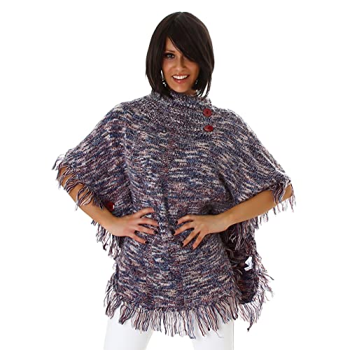 Voyelles Damen Strick Poncho Ponchopullover dick Zopf-Muster Fransen Hairy flauschig kuschelig wärmend Winter Deko-Knopf Rollkragen, Rot 36 38 40 42 von Voyelles