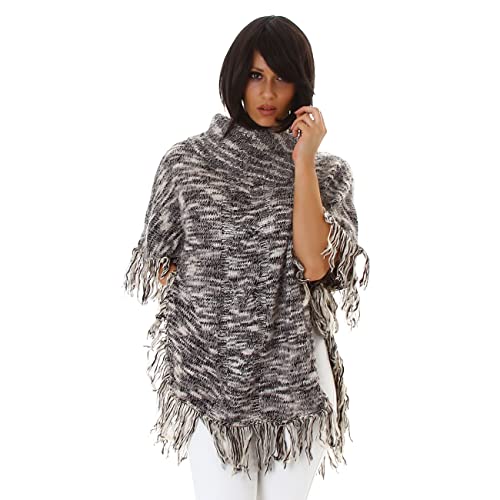 Voyelles Damen Strick Poncho Ponchopullover dick Zopf-Muster Fransen Hairy flauschig kuschelig wärmend Winter Deko-Knopf Rollkragen, Schwarz Weiß 36 38 40 42 von Voyelles