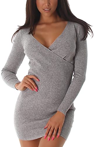 Voyelles Damen Strickkleid Wickeloptik Feinripp V-Ausschnitt Langarm Bodycon, Grau, 34-38 von Voyelles