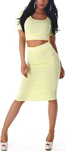 Voyelles Damen Zweiteiler Set Cropped Kurzarm-Top bauchfrei Stretch-Rock, Gelb 34-36 (36) von Voyelles