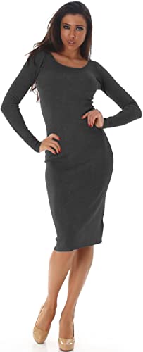 Voyelles Damen Midi Strick Kleid Pulloverkleid Knielang Etui Stretch Langarm, Dunkelgrau 36-38 von Voyelles