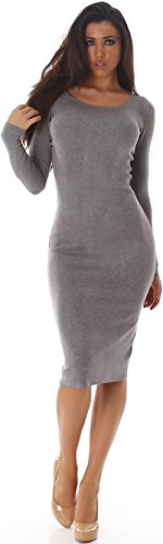 Voyelles Damen Midi Strick Kleid Pulloverkleid Knielang Etui Stretch Langarm, Hell Grau 36-38 von Voyelles