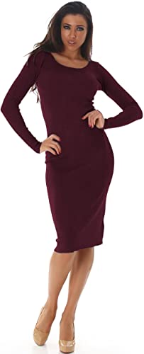 Voyelles Damen Midi Strick Kleid Pulloverkleid Knielang Etui Stretch Langarm, Weinrot Bordeaux 36-38 von Voyelles