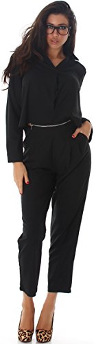 Voyelles Damen Overall Zweiteiler Reißverschluss Jumpsuit High-Waist Hose Raffung, Schwarz S von Voyelles