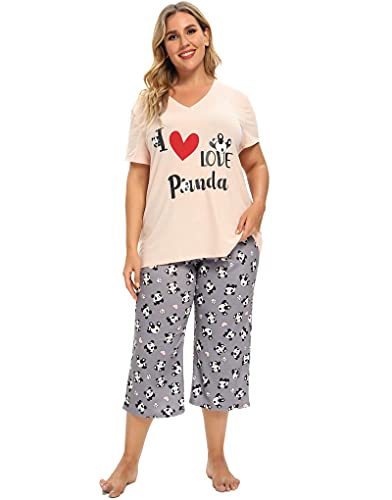 Vozanet Damen Pyjama Set Weiche V-Ausschnitt Nachtwäsche Top und Capri Pj Lounge Sets Cartoon Herzform Katze Nighty Plus Size, Love Panda, 4XL von Vozanet