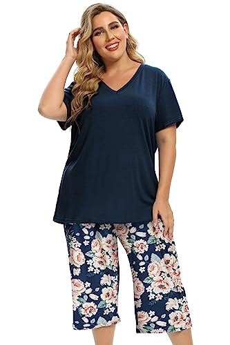 Vozanet Damen Pyjama Set Weiche V-Ausschnitt Nachtwäsche Top und Capri Pj Lounge Sets Cartoon Herzform Katze Nighty Plus Size, Multiflorals, 4XL von Vozanet