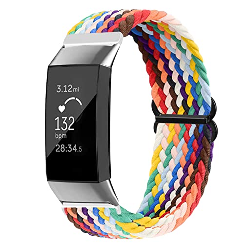 Vozehui Armband Kompatibel mit Fitbit Charge 3/Charge 4, Atmungsaktives Weiches Nylon Verstellbare Sport Ersatz armbänder, Geflochtenes Solo Loop Armband für Charge 3/Charge 4 Damen Herren, Regenbogen von Vozehui