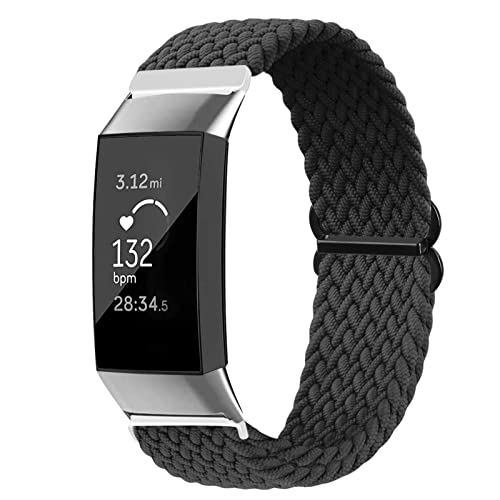 Vozehui Armband Kompatibel mit Fitbit Charge 3/Charge 4, Atmungsaktives Weiches Nylon Verstellbare Sport Ersatz armbänder, Geflochtenes Solo Loop Armband für Charge 3/Charge 4 Damen Herren, Schwarz von Vozehui