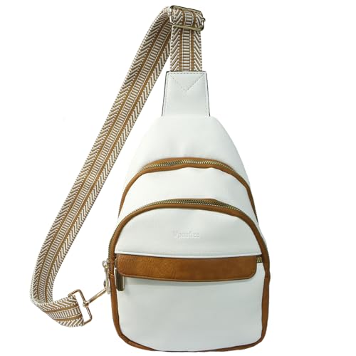 Vpoofree Brusttasche Damen Sling Bag Schultertasche Crossbody Bag Klein Umhängetasche mit Verstellbarer Schultergurt für Reisen, Einkaufen (weiß mit Braun-04 Brusttasche) von Vpoofree