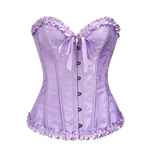 Vrapo Korsett Damen - Bustier Corset Top für Frauen - Vollbrust Corsage Schnürkorsett Taillenformer Dessous - Pflaumenblüten Bambus Muster - Lila Rose - Größe S von Vrapo