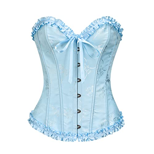 Vrapo Korsett Damen - Bustier Corset Top für Frauen - Vollbrust Corsage Schnürkorsett Taillenformer Dessous - Pflaumenblüten Bambus Muster - Sternen Licht Blau - Größe S von Vrapo