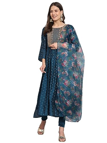 VredeVogel Damen Chanderi Modal Butti Straight Kurta mit dehnbaren Leggings & Organza Dupatta Set, Blaugrün, S von VredeVogel