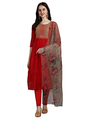 VredeVogel Damen Chanderi Modal Butti Kurta mit dehnbaren Leggings & Organza Dupatta Set, Rot/Ausflug, einfarbig (Getaway Solids), XXL von VredeVogel