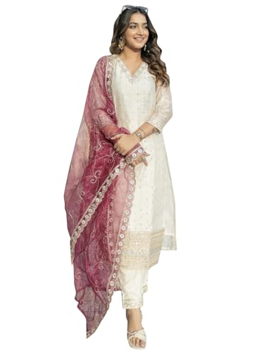 VredeVogel Damen Chanderi Silk Embroidered Kurta with Pant & Organza Dupatta Set | Casual Outfit Ethnic Kurta Set for Women | Modern & Traditional Blend Ethnic Wear, Weiß, L von VredeVogel